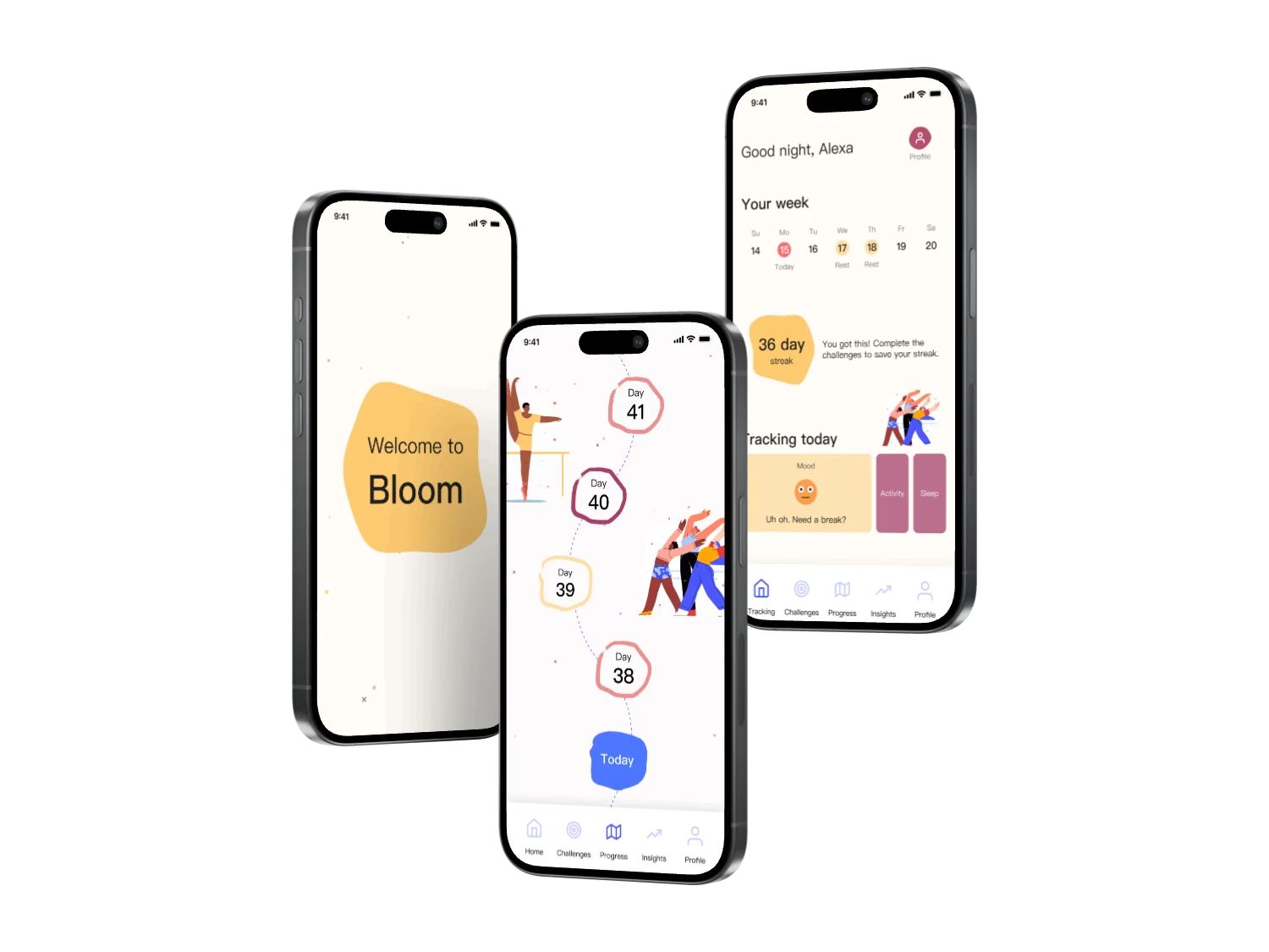 Three Bloom app screens showing onboarding, streaks, and daily wellness tracking