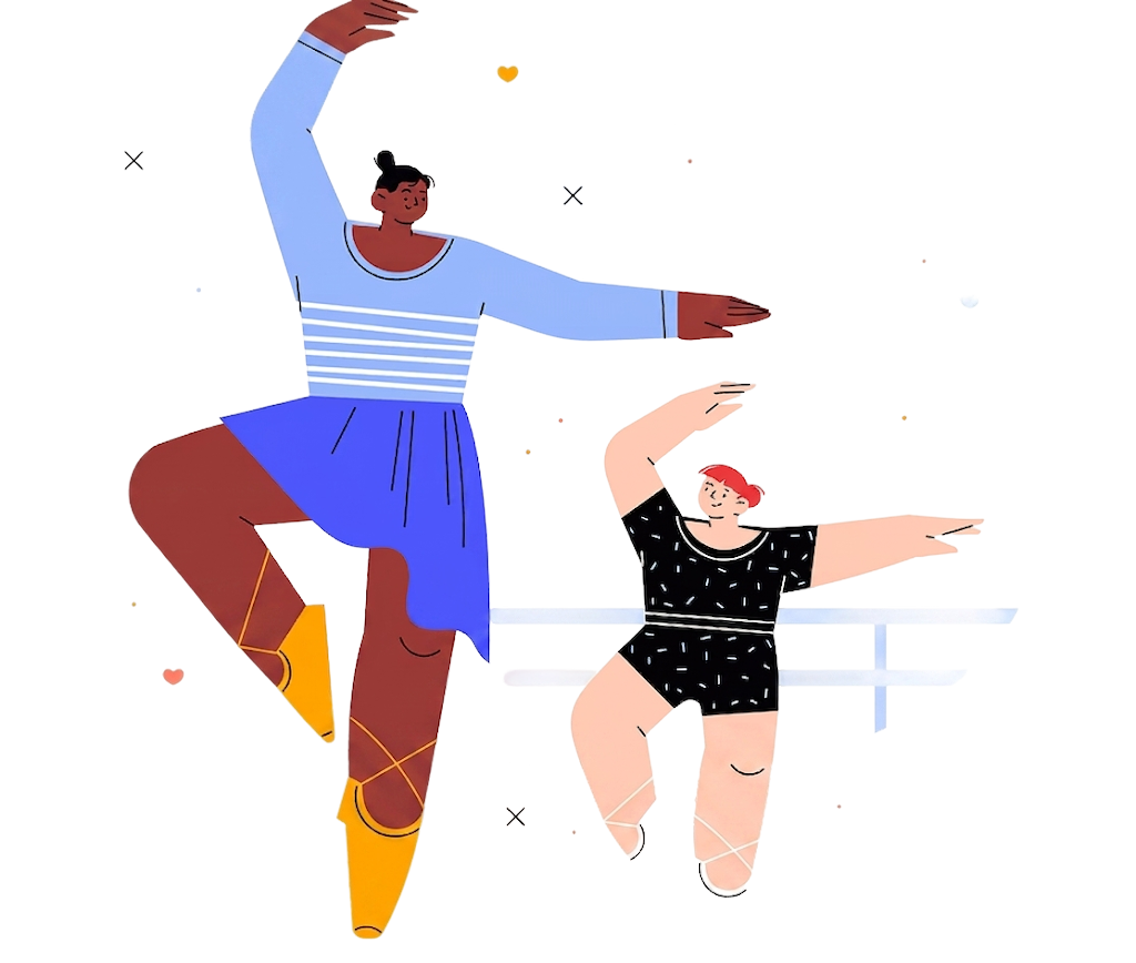 Two dancers moving together at the barre